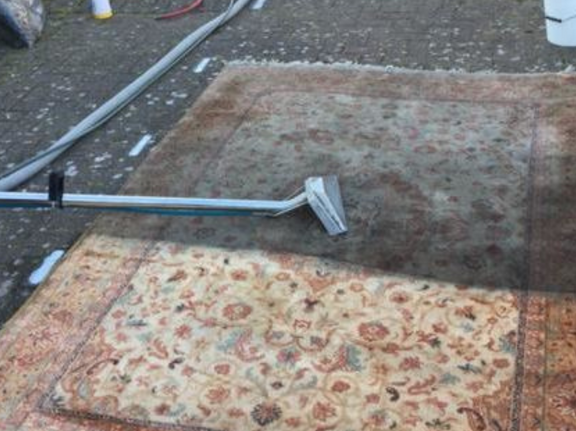 This is a photo of a floral rug that is being steam cleaned. The bottom half has been completed and the top half is being done works carried out by Tooting Carpet Cleaning